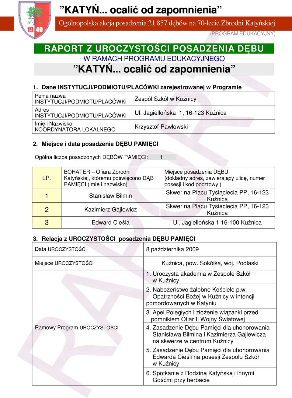 Miejsce i data posadzenia DĘBU PAMIĘCI Zespół Szkół Ul. Jagiellońska 1, 16-123 Kuźnica Krzysztof Pawłowski Ogólna liczba posadzonych DĘBÓW PAMIĘCI: 1 LP. Ogólnopolska akcja posadzenia 21.