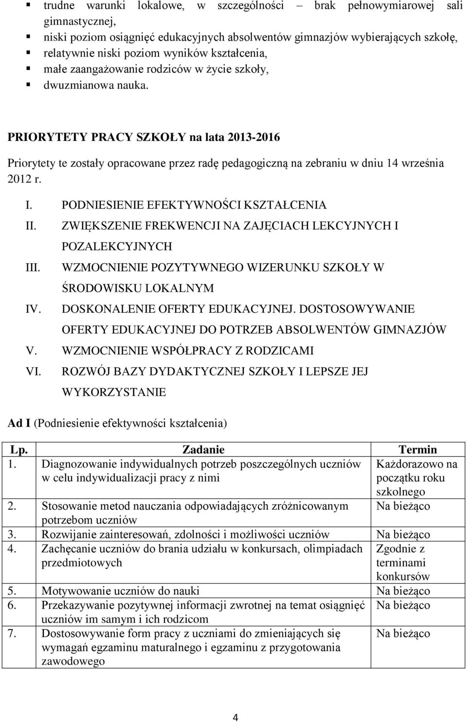 PRIORYTETY PRACY SZKOŁY na lata 2013-2016 Priorytety te zostały opracowane przez radę pedagogiczną na zebraniu w dniu 14 września 2012 r. I. PODNIESIENIE EFEKTYWNOŚCI KSZTAŁCENIA II. III. IV.