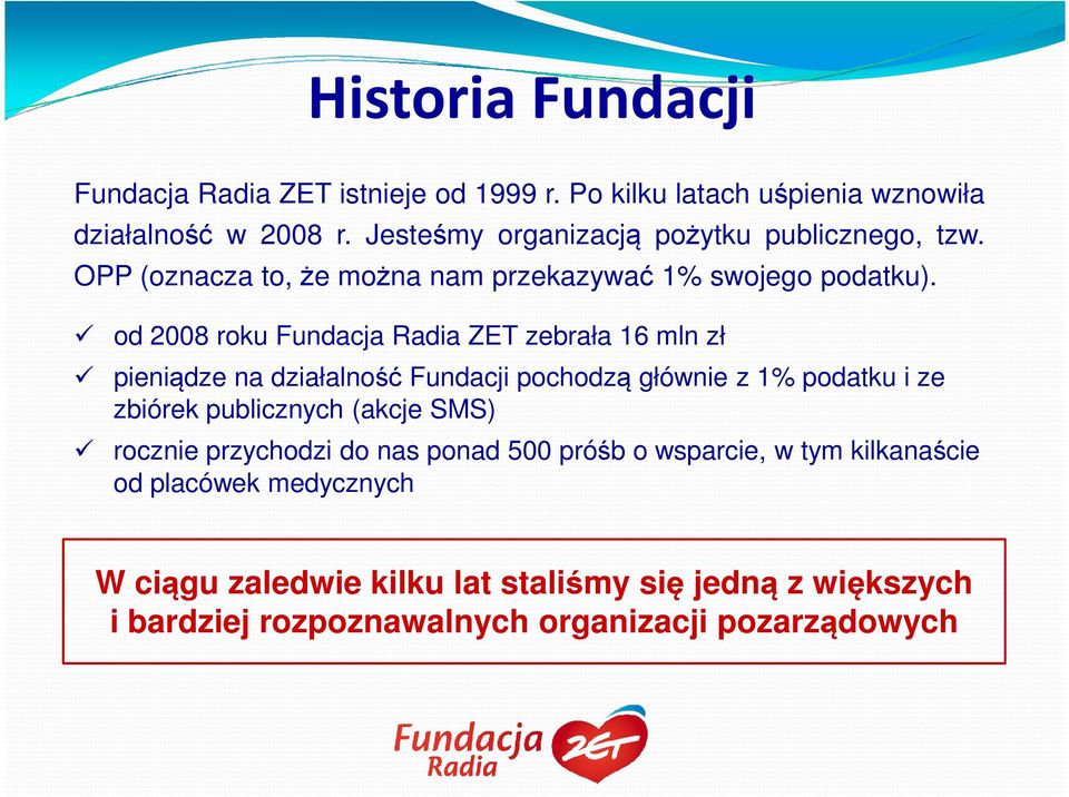 od 2008 roku Fundacja Radia ZET zebrała 16 mln zł pieniądze na działalność Fundacji pochodzą głównie z 1% podatku i ze zbiórek publicznych
