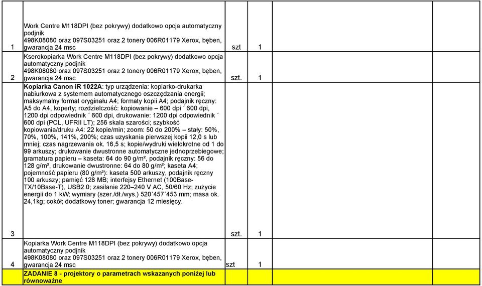 systemem automatycznego oszczędzania energii; maksymalny format oryginału A4; formaty kopii A4; podajnik ręczny: A5 do A4, koperty; rozdzielczość: kopiowanie 600 dpi 600 dpi, 1200 dpi odpowiednik 600