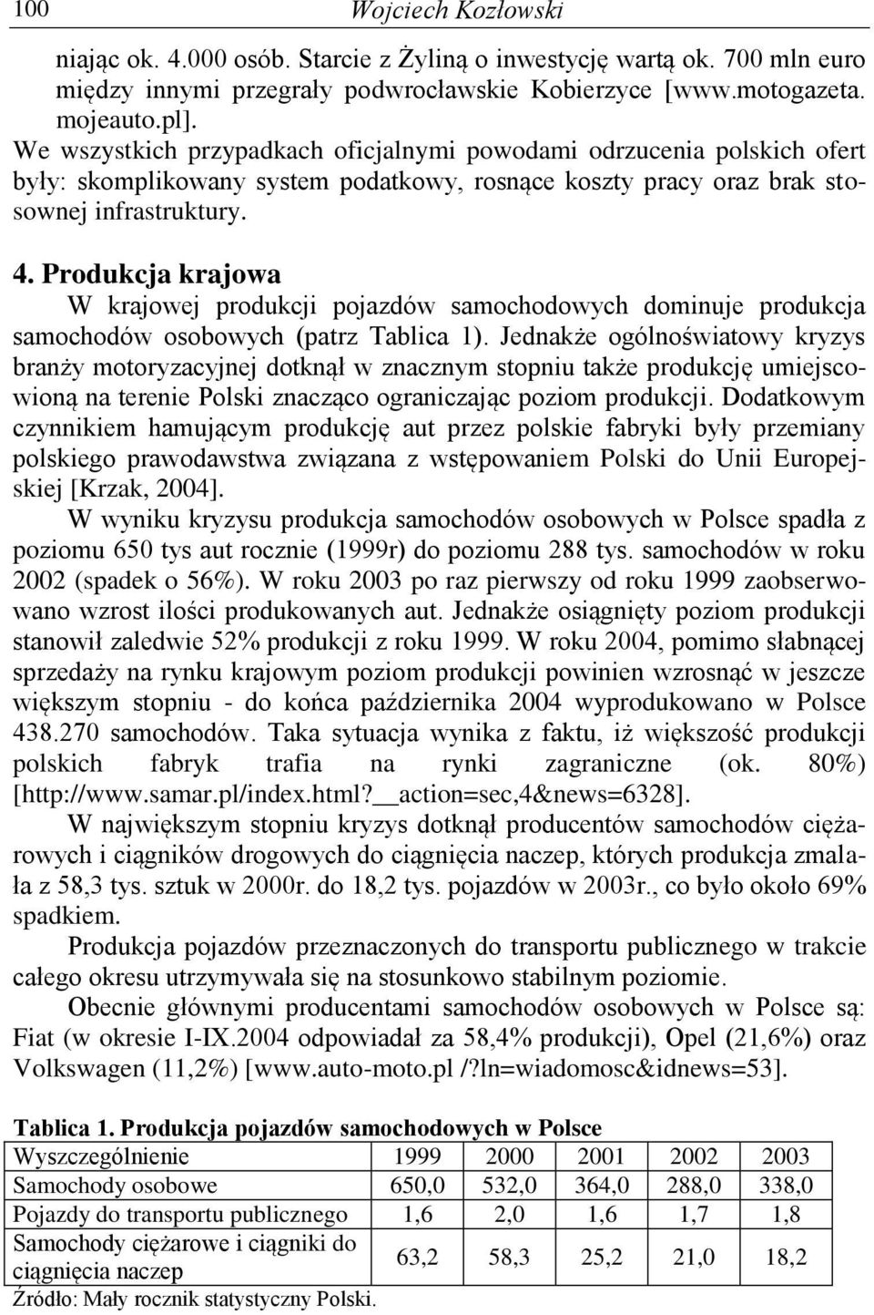 Produkcja krajowa W krajowej produkcji pojazdów samochodowych dominuje produkcja samochodów osobowych (patrz Tablica 1).