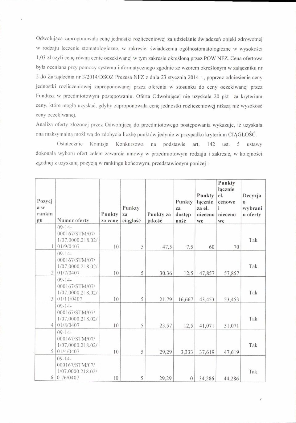 Cena ofertowa byla occniana prz-v pontocv systcn)u inlormatyczncgo zgodnie ze wmrem okreslonym w zal4czniku nr 2 do Zarz4dzcnia nr 3l20l4 DSOZ Prezesa NFZ z dnia 23 stycznia 2014 r.