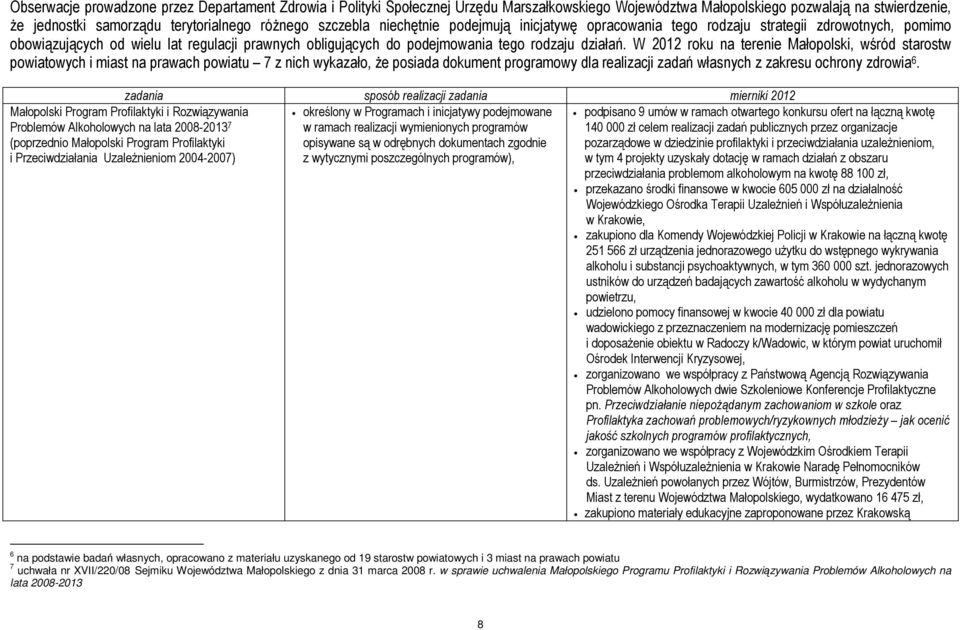 W 2012 roku na terenie Małopolski, wśród starostw powiatowych i miast na prawach powiatu 7 z nich wykazało, Ŝe posiada dokument programowy dla realizacji zadań własnych z zakresu ochrony zdrowia 6.