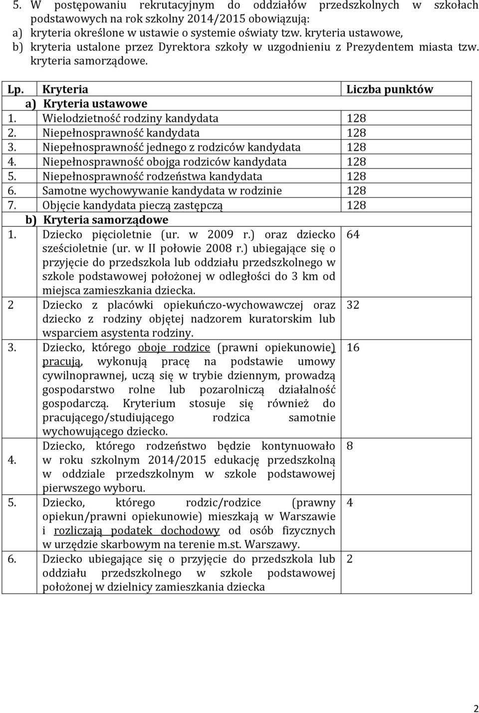 Wielodzietność rodziny kandydata 128 2. Niepełnosprawność kandydata 128 3. Niepełnosprawność jednego z rodziców kandydata 128 4. Niepełnosprawność obojga rodziców kandydata 128 5.