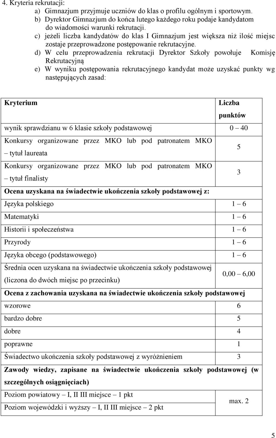 d) W celu przeprowadzenia rekrutacji Dyrektor Szkoły powołuje Komisję Rekrutacyjną e) W wyniku postępowania rekrutacyjnego kandydat może uzyskać wg następujących zasad: Kryterium Liczba punktów wynik