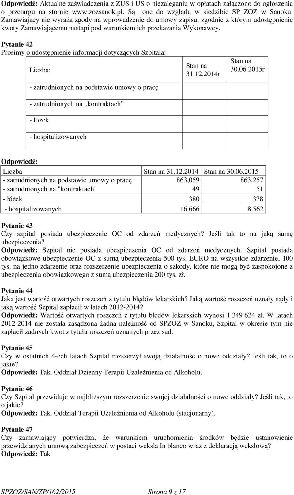 Pytanie 42 Prosimy o udostępnienie informacji dotyczących Szpitala: Liczba: - zatrudnionych na podstawie umowy o pracę - zatrudnionych na kontraktach - łóżek - hospitalizowanych Stan na 31.12.