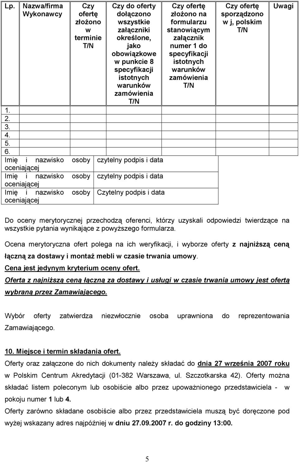 istotnych warunków zamówienia czytelny podpis i data czytelny podpis i data Czytelny podpis i data Czy ofertę złożono na formularzu stanowiącym załącznik numer 1 do specyfikacji istotnych warunków