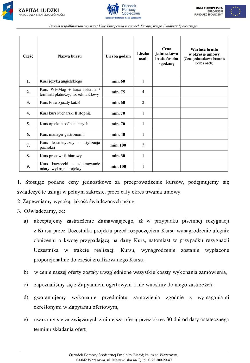 Kurs manager gastronomii min. 40 1 7. Kurs kosmetyczny - stylizacja paznokci min. 100 2 8. Kurs pracownik biurowy min. 30 1 9. Kurs krawiecki - zdejmowanie miary, wykroje, projekty min. 100 1 1.