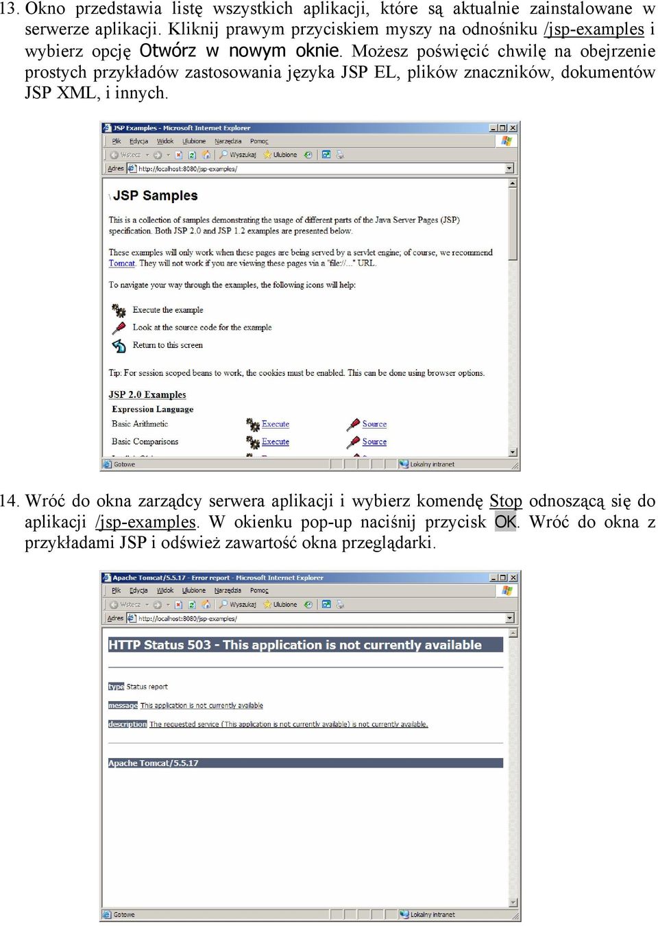 Możesz poświęcić chwilę na obejrzenie prostych przykładów zastosowania języka JSP EL, plików znaczników, dokumentów JSP XML, i innych. 14.