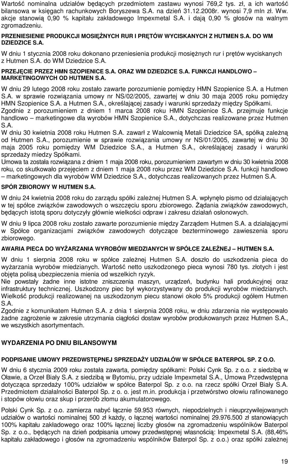 A. do WM Dziedzice S.A. PRZEJCIE PRZEZ HMN SZOPIENICE S.A. ORAZ WM DZIEDZICE S.A. FUNKCJI HANDLOWO MARKETINGOWYCH OD HUTMEN S.A. W dniu 29 lutego 2008 roku zostało zawarte porozumienie pomidzy HMN Szopienice S.