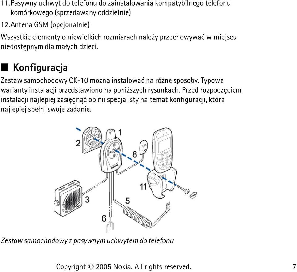 Konfiguracja Zestaw samochodowy CK-10 mo na instalowaæ na ró ne sposoby. Typowe warianty instalacji przedstawiono na poni szych rysunkach.