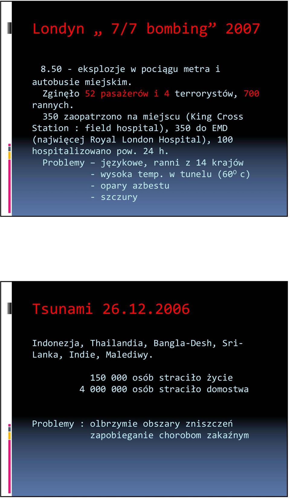 Problemy językowe, ranni z 14 krajów wysoka temp. w tunelu (60 O c) opary azbestu szczury Tsunami 26.12.