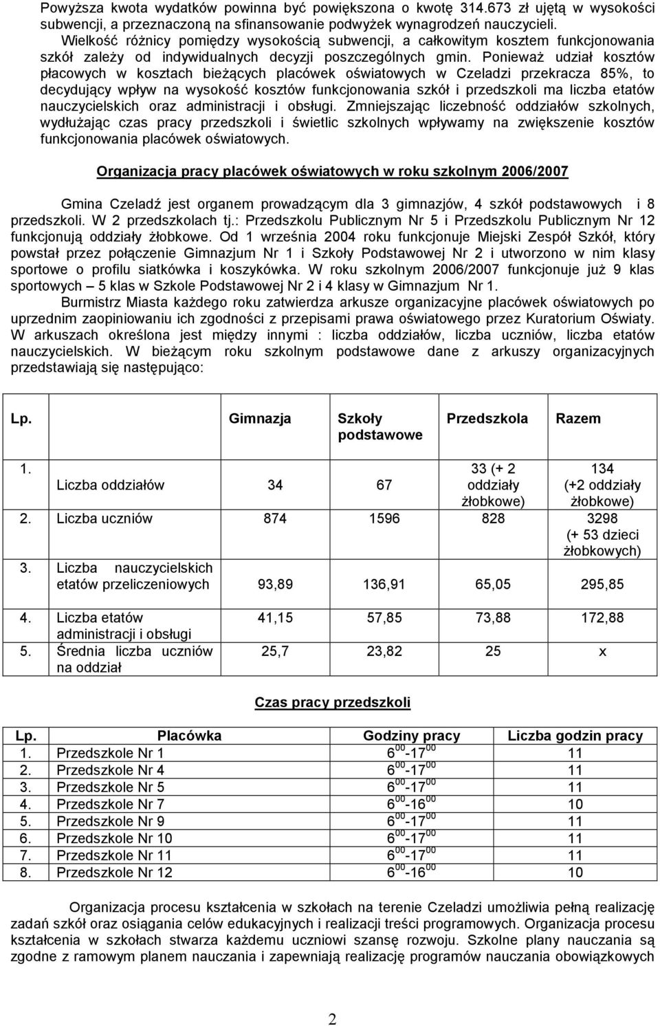 Ponieważ udział kosztów płacowych w kosztach bieżących placówek oświatowych w Czeladzi przekracza 85%, to decydujący wpływ na wysokość kosztów funkcjonowania szkół i przedszkoli ma liczba etatów