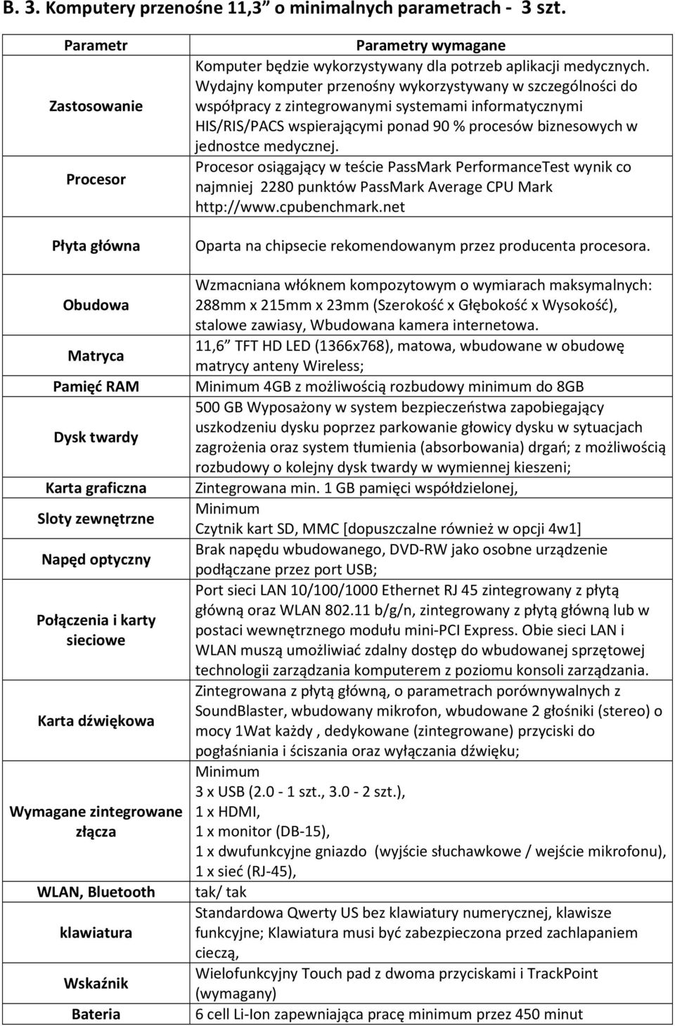 złącza WLAN, Bluetooth klawiatura Wskaźnik Bateria Parametry wymagane Komputer będzie wykorzystywany dla potrzeb aplikacji medycznych.