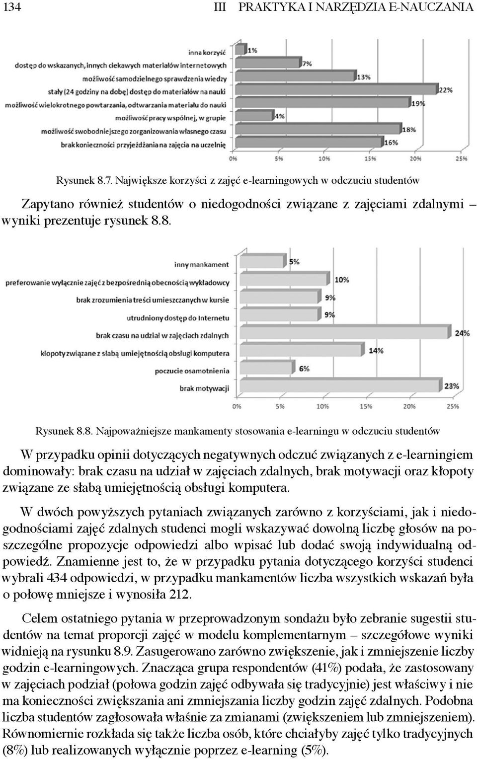 8. Rysunek 8.8. Najpoważniejsze mankamenty stosowania e-learningu w odczuciu studentów W przypadku opinii dotyczących negatywnych odczuć związanych z e-learningiem dominowały: brak czasu na udział w