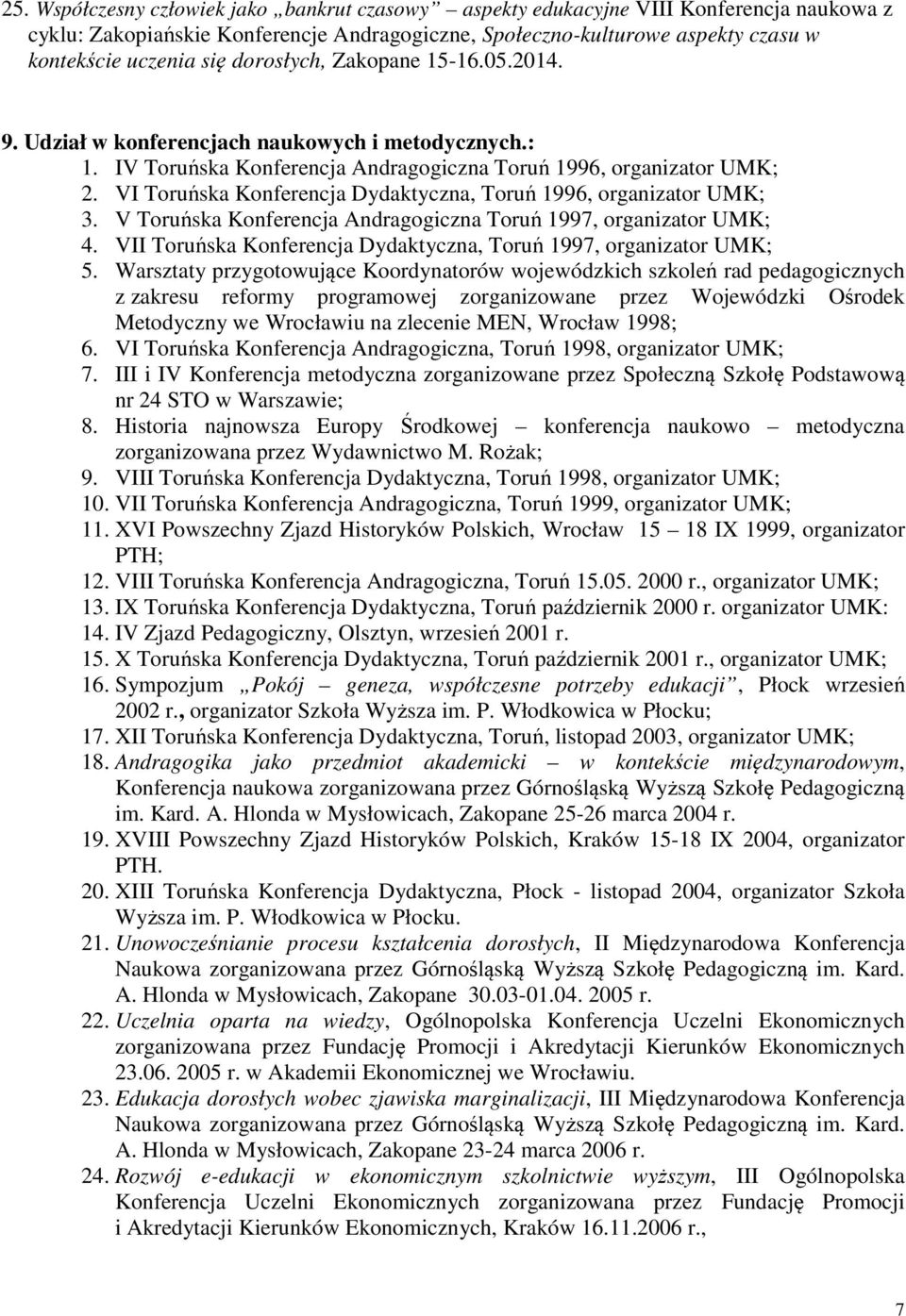 VI Toruńska Konferencja Dydaktyczna, Toruń 1996, organizator UMK; 3. V Toruńska Konferencja Andragogiczna Toruń 1997, organizator UMK; 4.