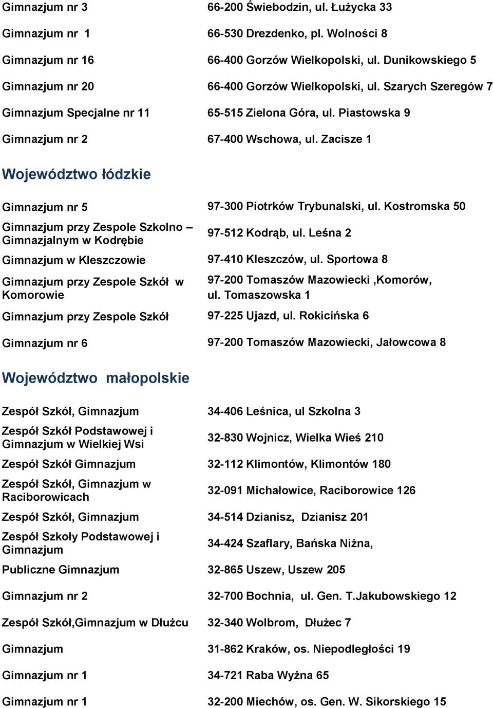 Zacisze 1 Województwo łódzkie Gimnazjum nr 5 97-300 Piotrków Trybunalski, ul. Kostromska 50 Gimnazjum przy Zespole Szkolno Gimnazjalnym w Kodrębie 97-512 Kodrąb, ul.