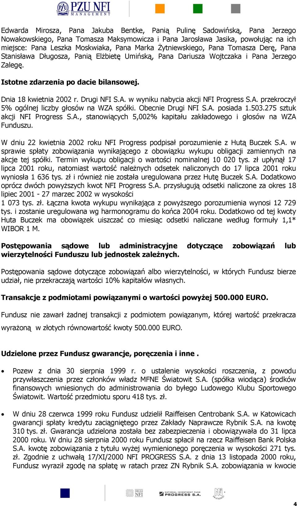 Drugi NFI S.A. w wyniku nabycia akcji NFI Progress S.A. przekroczył 5% ogólnej liczby głosów na WZA spółki. Obecnie Drugi NFI S.A. posiada 1.503.275 sztuk akcji NFI Progress S.A., stanowiących 5,002% kapitału zakładowego i głosów na WZA Funduszu.