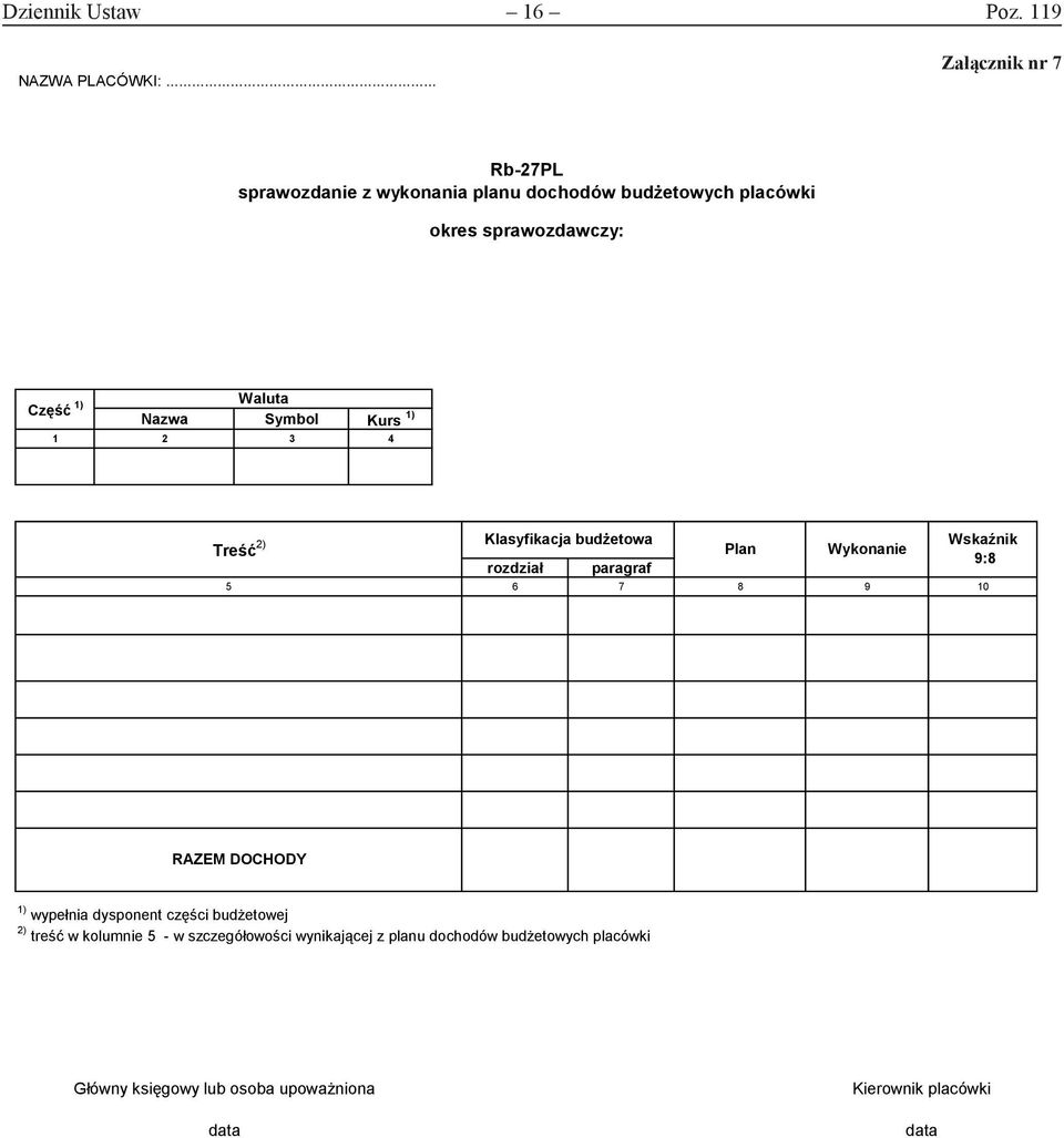 Nazwa Symbol Kurs 1) 1 2 3 4 Treść 2) Klasyfikacja budŝetowa rozdział paragraf Wykonanie Wskaźnik 9:8 5 6 7 8 9 1 Plan RAZEM