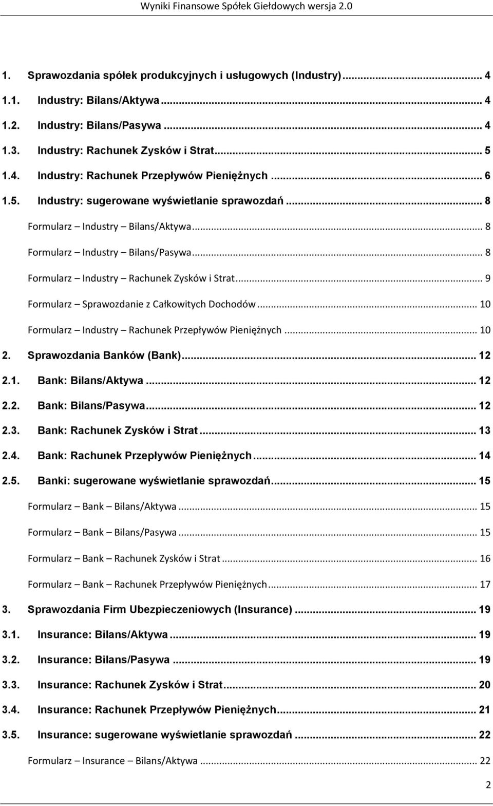 .. 9 Formularz Sprawozdanie z Całkowitych Dochodów... 10 Formularz Industry Rachunek Przepływów Pieniężnych... 10 2. Sprawozdania Banków (Bank)... 12 2.1. Bank: Bilans/Aktywa... 12 2.2. Bank: Bilans/Pasywa.