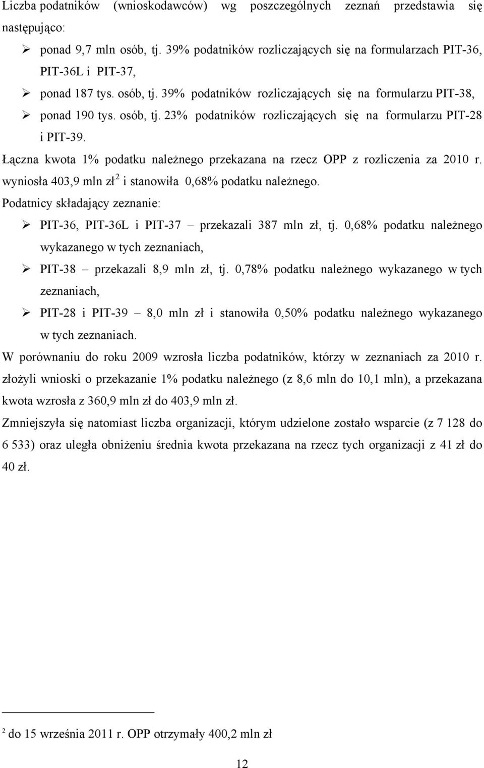 Łączna kwota 1% podatku należnego przekazana na rzecz OPP z rozliczenia za 2010 r. wyniosła 403,9 mln zł 2 i stanowiła 0,68% podatku należnego.