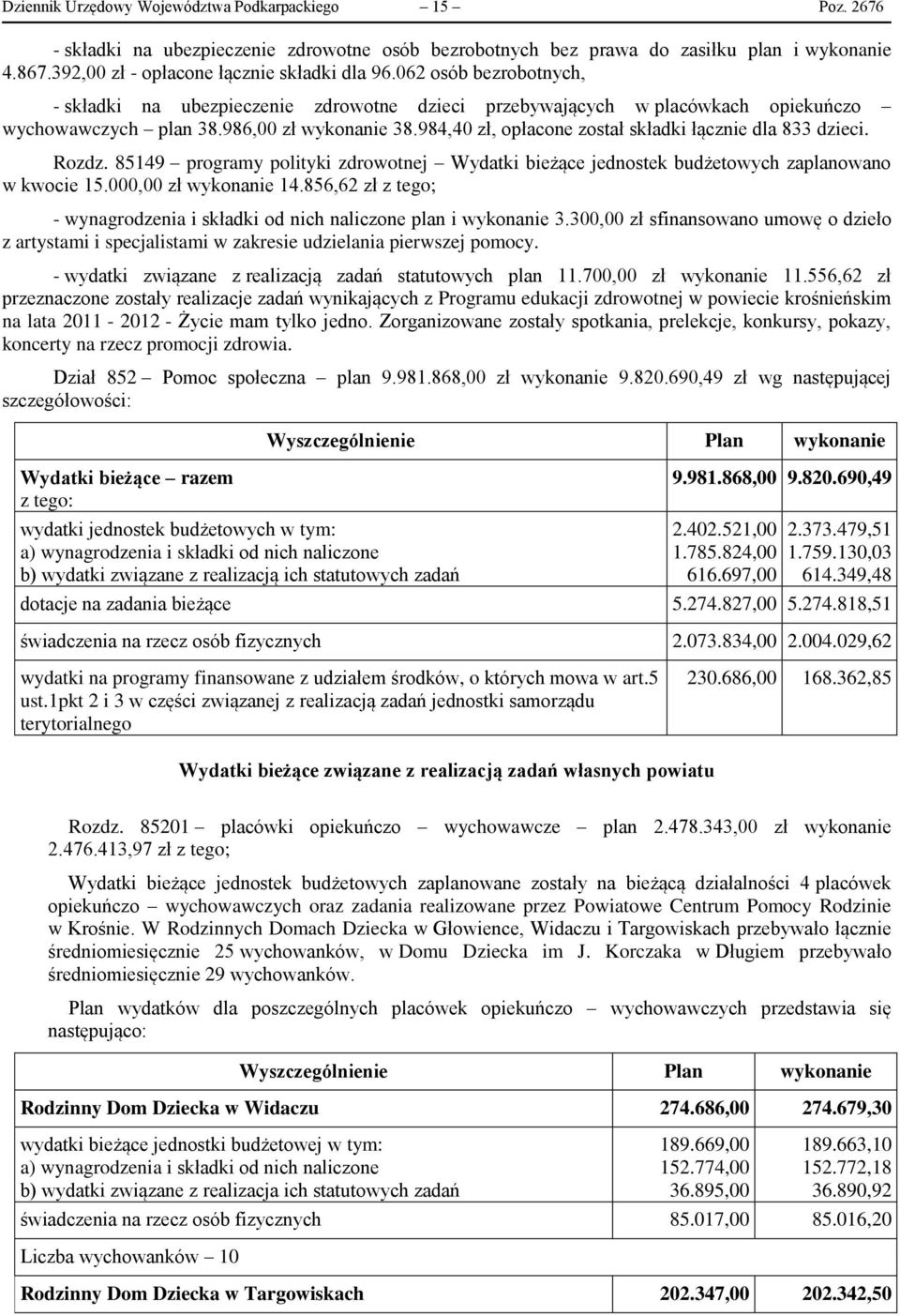 984,40 zł, opłacone został składki łącznie dla 833 dzieci. Rozdz. 85149 programy polityki zdrowotnej Wydatki bieżące jednostek budżetowych zaplanowano w kwocie 15.000,00 zł wykonanie 14.