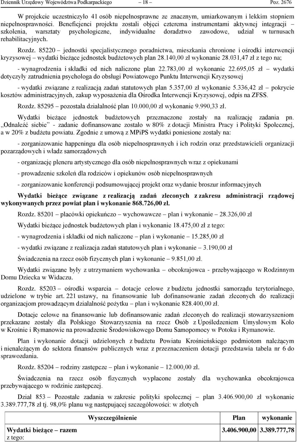 85220 jednostki specjalistycznego poradnictwa, mieszkania chronione i ośrodki interwencji kryzysowej wydatki bieżące jednostek budżetowych plan 28.140,00 zł wykonanie 28.