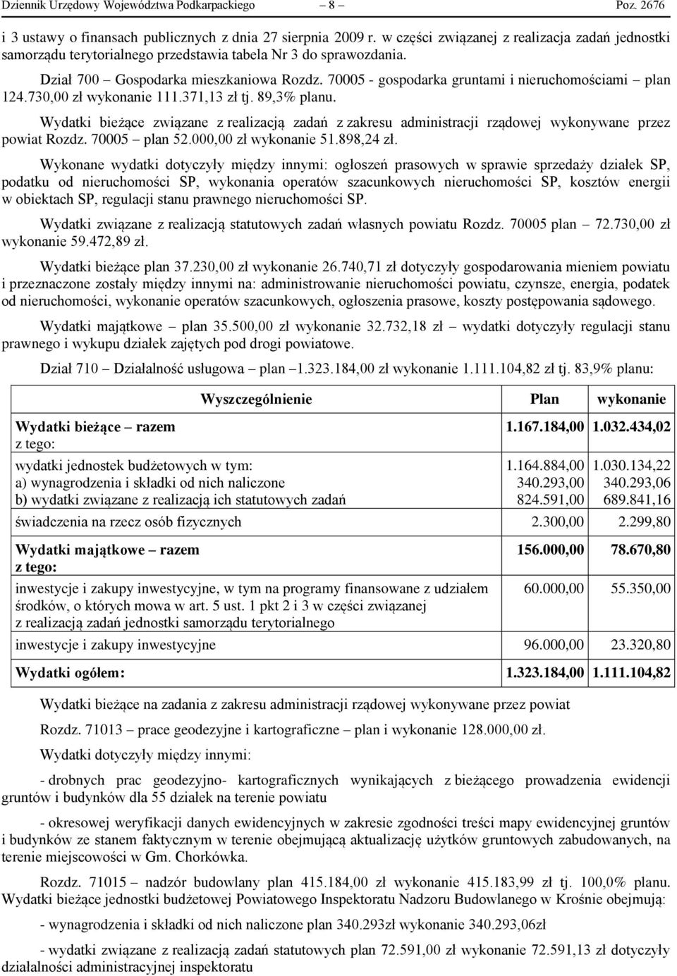 70005 - gospodarka gruntami i nieruchomościami plan 124.730,00 zł wykonanie 111.371,13 zł tj. 89,3% planu.