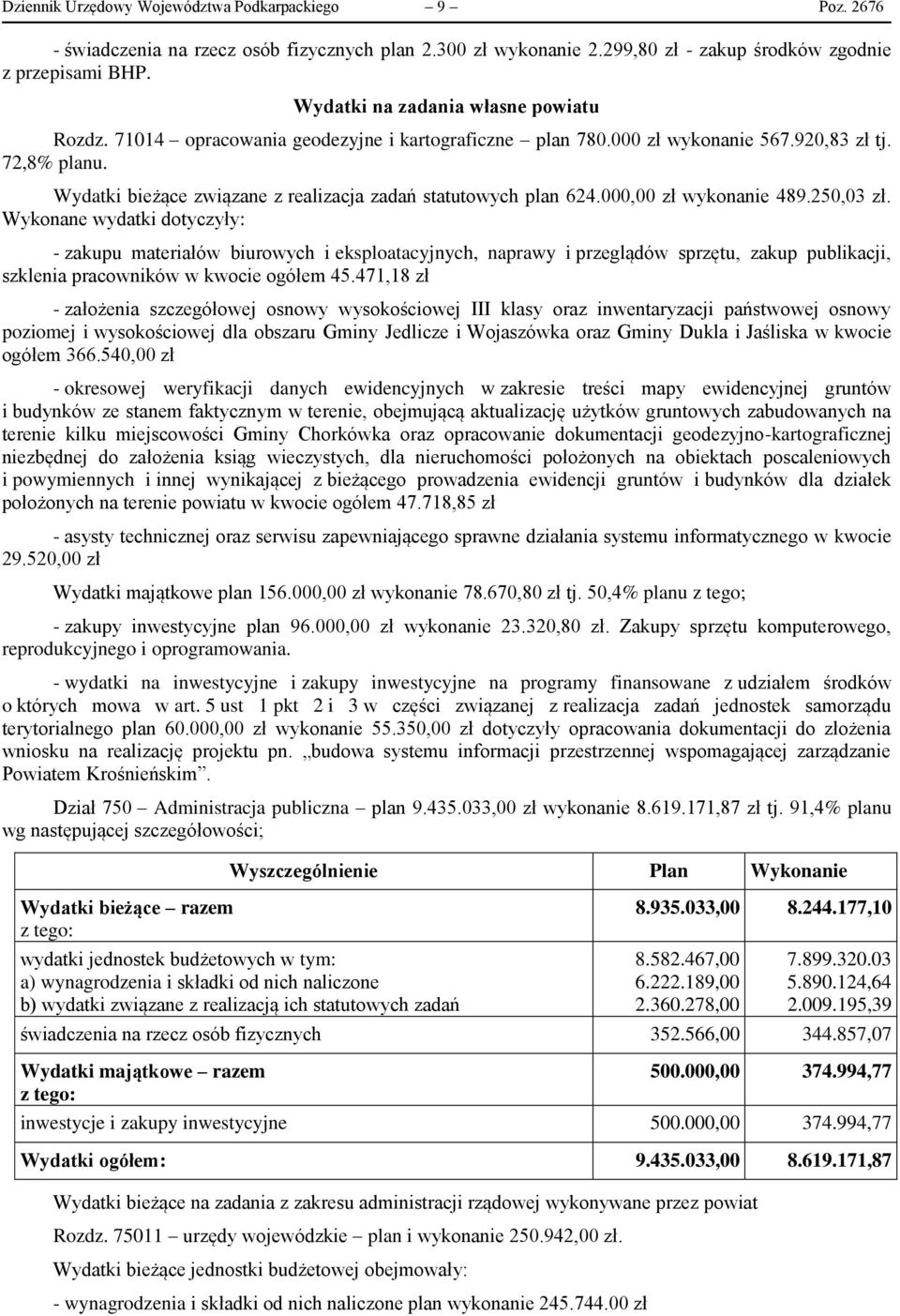 Wydatki bieżące związane z realizacja zadań statutowych plan 624.000,00 zł wykonanie 489.250,03 zł.