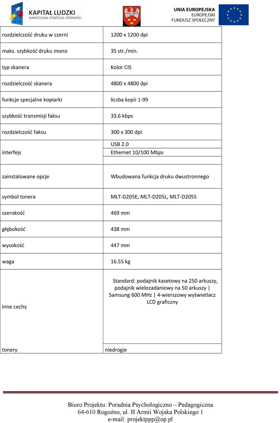 0 Ethernet 10/100 Mbps zainstalowane opcje Wbudowana funkcja druku dwustronnego symbol tonera szerokość głębokość wysokość waga MLT-D205E, MLT-D205L,