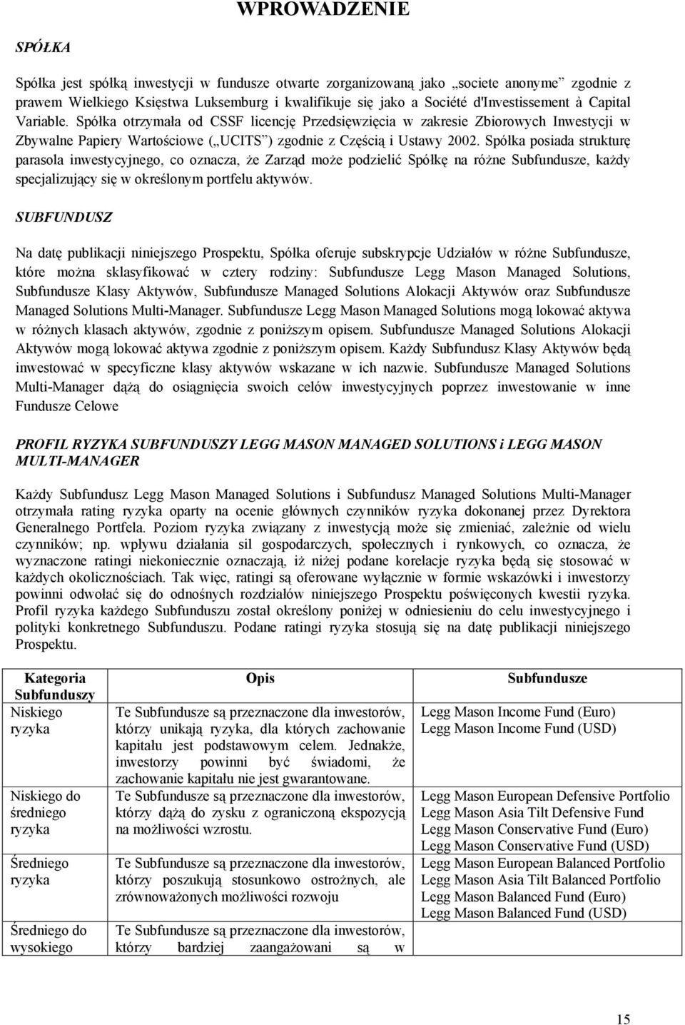 Spółka posiada strukturę parasola inwestycyjnego, co oznacza, że Zarząd może podzielić Spółkę na różne Subfundusze, każdy specjalizujący się w określonym portfelu aktywów.