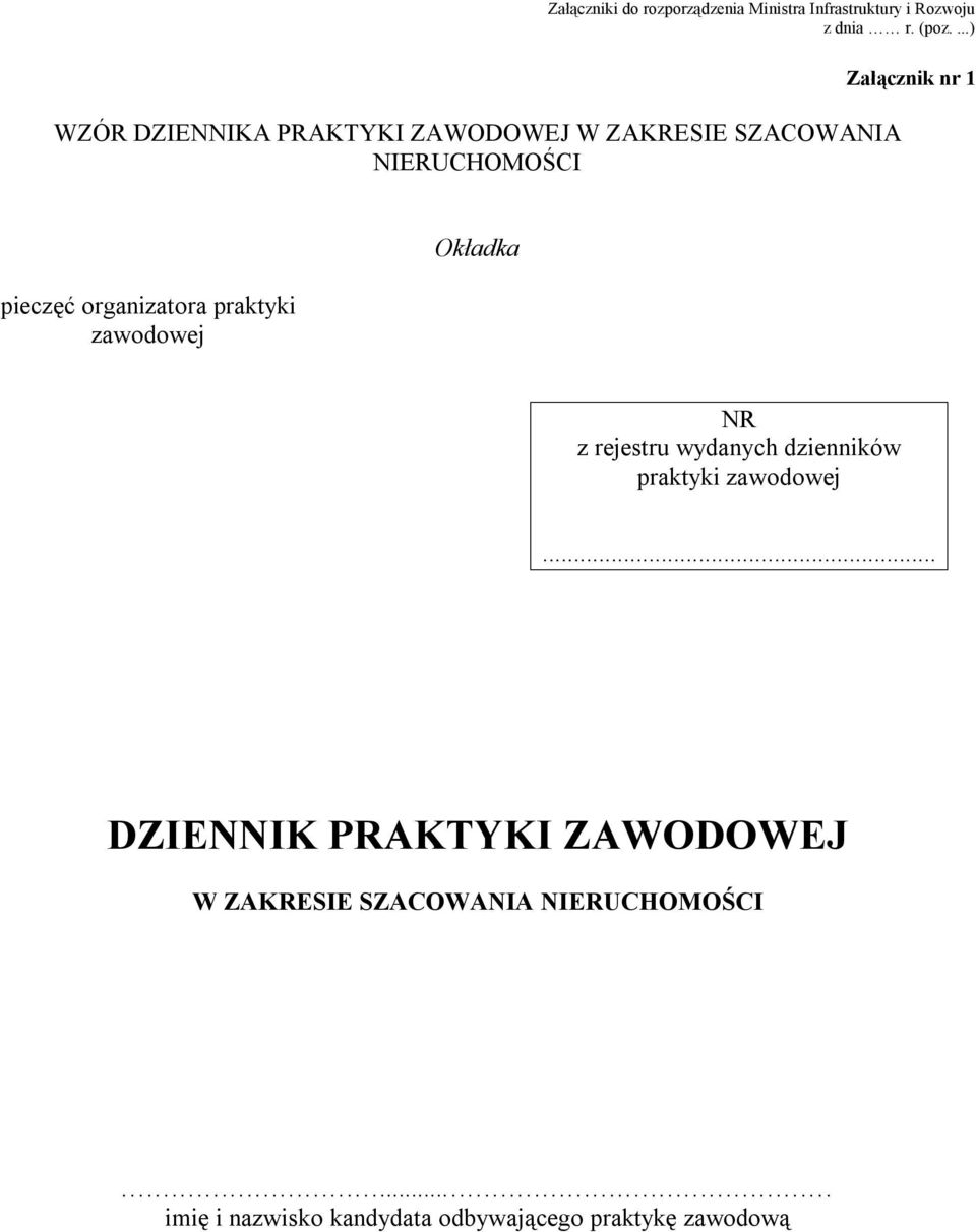 organizatora praktyki zawodowej Okładka NR z rejestru wydanych dzienników praktyki zawodowej.