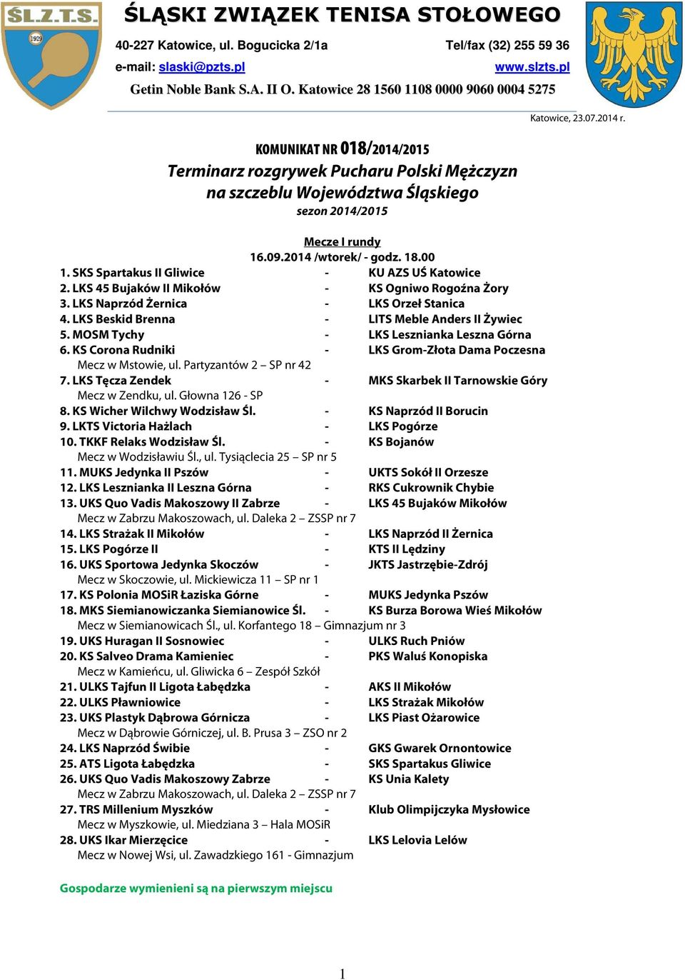 SKS Spartakus II Gliwice - KU S UŚ Katowice. LKS 45 ujaków II Mikołów - KS Ogniwo Rogoźna Żory 3. LKS Naprzód Żernica - LKS Orzeł Stanica 4. LKS eskid renna - LITS Meble nders II Żywiec 5.