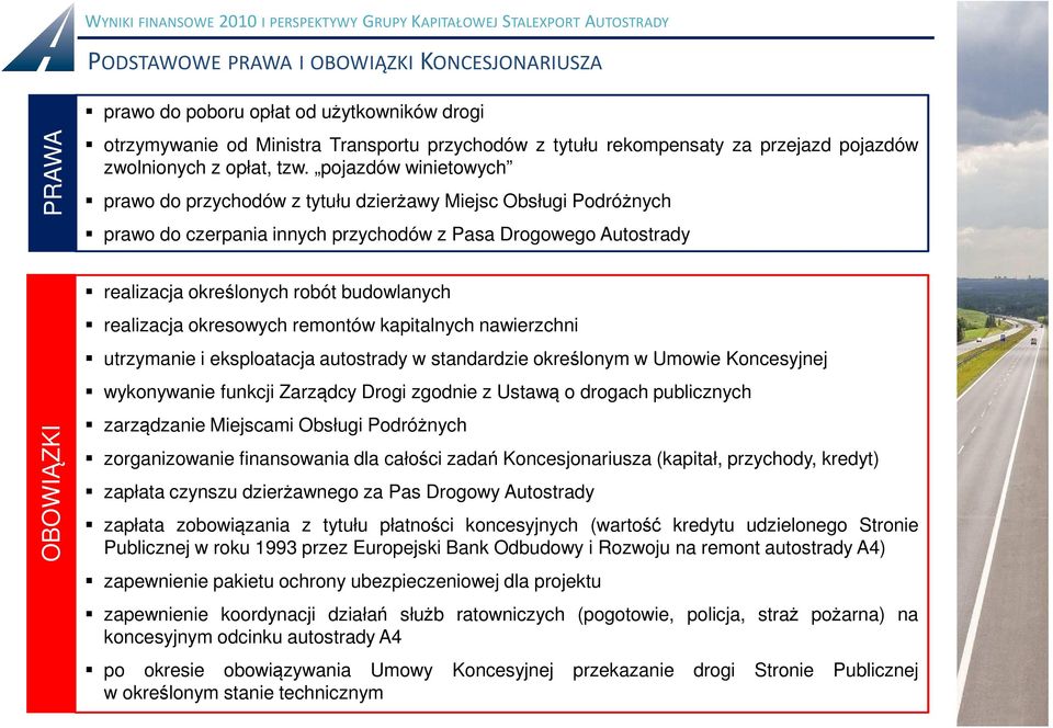 pojazdów winietowych prawo do przychodów z tytułu dzierżawy Miejsc Obsługi Podróżnych prawo do czerpania innych przychodów z Pasa Drogowego Autostrady OBOWIĄZKI realizacja określonych robót