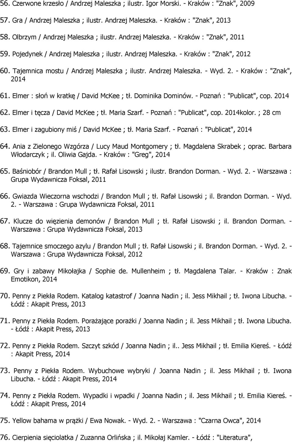 Tajemnica mostu / Andrzej Maleszka ; ilustr. Andrzej Maleszka. - Wyd. 2. - Kraków : "Znak", 61. Elmer : słoń w kratkę / David McKee ; tł. Dominika Dominów. - Poznań : "Publicat", cop. 62.