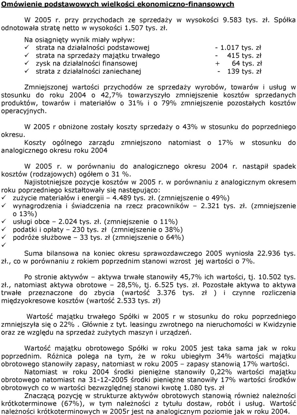 zł Zmniejszonej wartości przychodów ze sprzedaży wyrobów, towarów i usług w stosunku do roku 2004 o 42,7% towarzyszyło zmniejszenie kosztów sprzedanych produktów, towarów i materiałów o 31% i o 79%