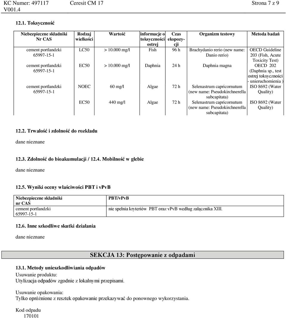 , test ostrej toksyczności - unieruchomienia ) NOEC 60 mg/l Algae 72 h Selenastrum capricornutum (new name: Pseudokirchnerella subcapitata) EC50 440 mg/l Algae 72 h Selenastrum capricornutum (new