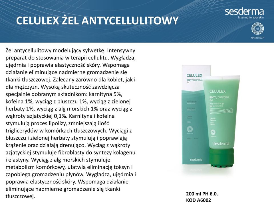 Wysoką skuteczność zawdzięcza specjalnie dobranym składnikom: karnityna 5%, kofeina 1%, wyciąg z bluszczu 1%, wyciąg HIDRADERM z zielonej MLECZKO OCZYSZCZAJĄCE herbaty 1%, wyciąg z alg morskich 1%