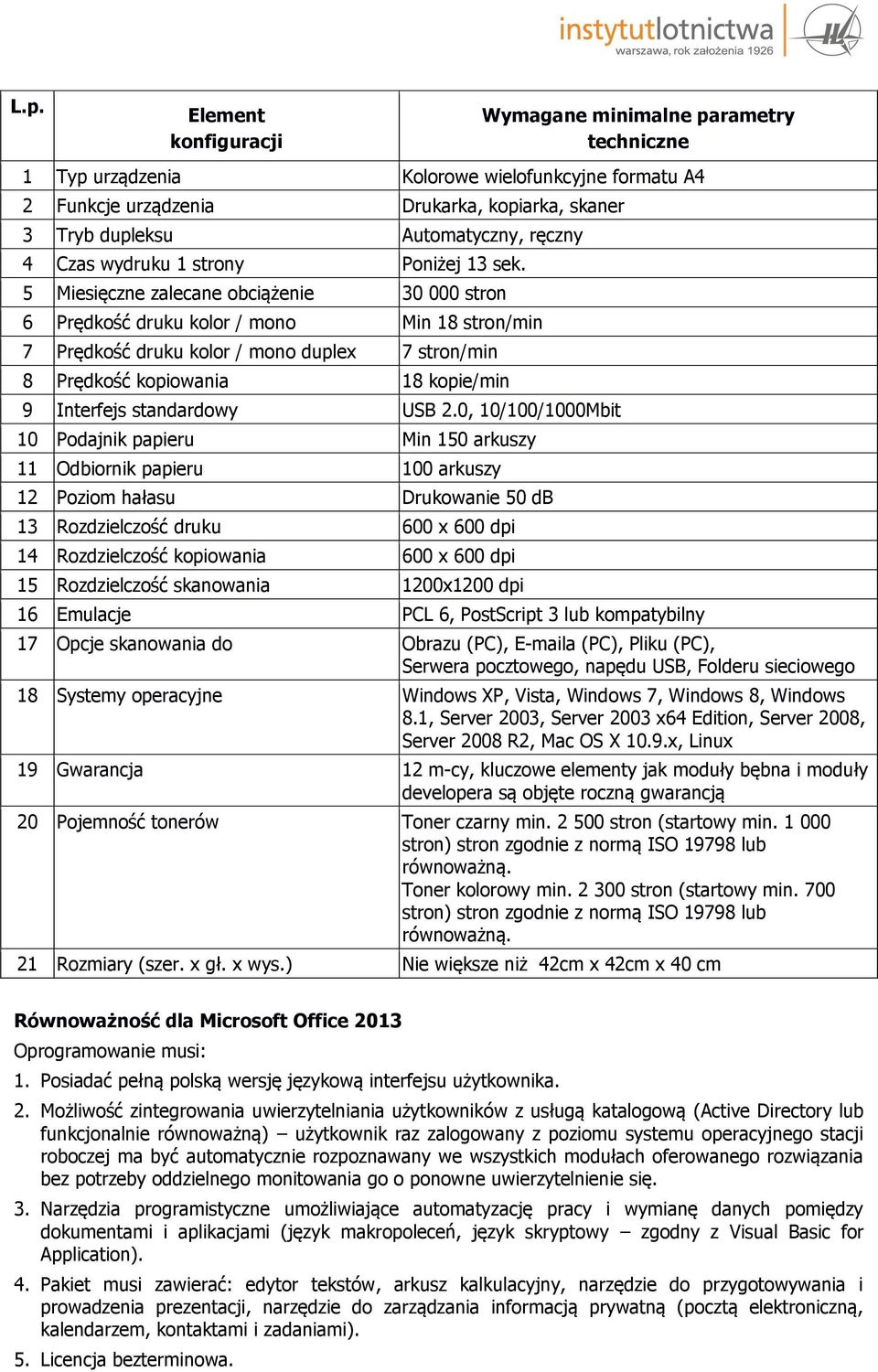 5 Miesięczne zalecane obciążenie 30 000 stron 6 Prędkość druku kolor / mono Min 18 stron/min 7 Prędkość druku kolor / mono duplex 7 stron/min 8 Prędkość kopiowania 18 kopie/min 9 Interfejs