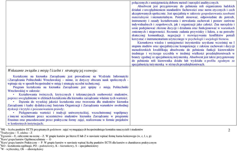 twórczych, krytycznych i tlerancyjnych sbwści studentów, pprzez uwzględnienie w efektach kształcenia dla kierunku zarządzanie właśnie tych wartści; Dążenia d wyskiej jakści kształcenia raz twrzenia