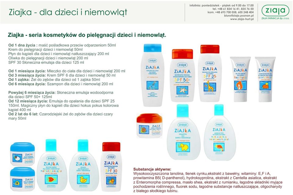 niemowl¹t 200 ml SPF 30 S³oneczna emulsja dla dzieci 125 ml Od 1 miesi¹ca ycia: Mleczko do cia³a dla dzieci i niemowl¹t 200 ml Od 3 miesi¹ca ycia: Krem SPF 6 dla dzieci i niemowl¹t 50 ml Od 1 z¹bka: