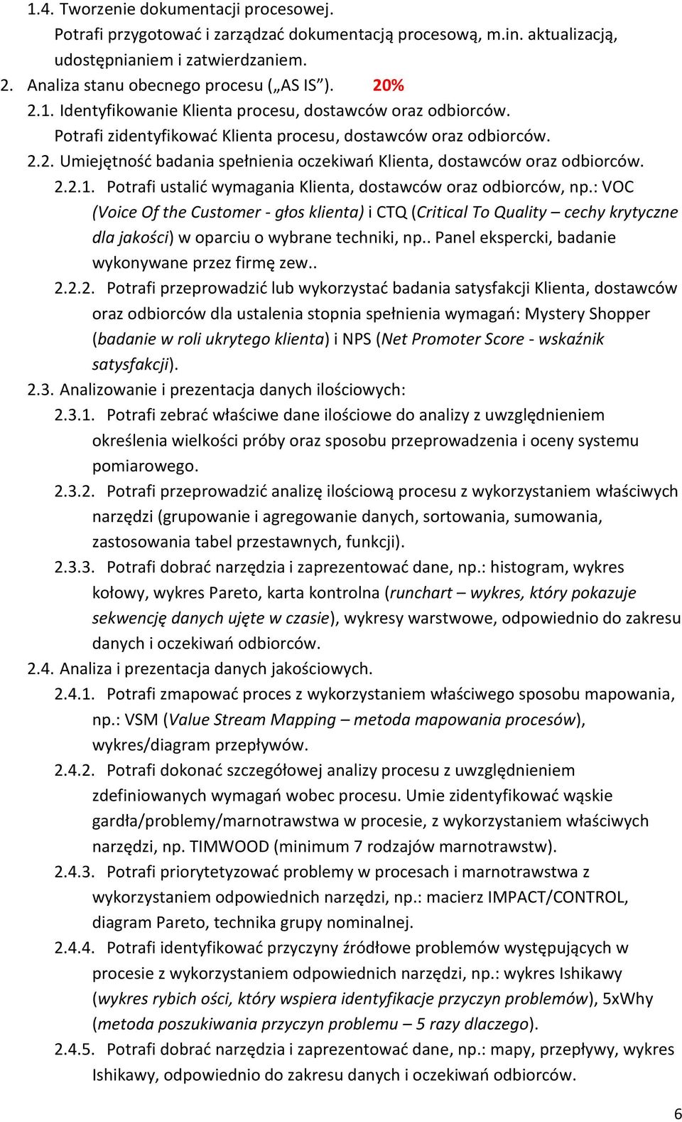 2. Umiejętność badania spełnienia oczekiwań Klienta, dostawców oraz odbiorców. 2.2.1. Potrafi ustalić wymagania Klienta, dostawców oraz odbiorców, np.