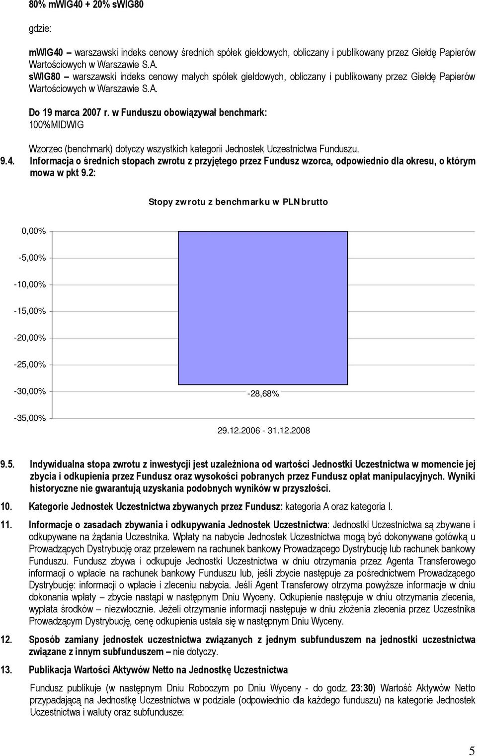 w Funduszu obowiązywał benchmark: 100%MIDWIG Wzorzec (benchmark) dotyczy wszystkich kategorii Jednostek Uczestnictwa Funduszu. 9.4.