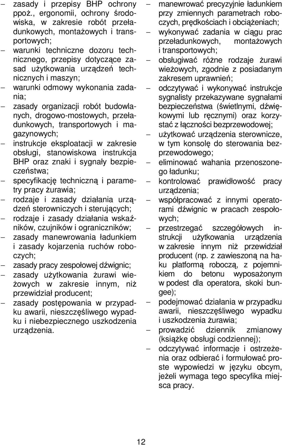 maszyn; warunki odmowy wykonania zadania; zasady organizacji robót budowlanych, drogowo-mostowych, przeładunkowych, transportowych i magazynowych; instrukcje eksploatacji w zakresie obsługi,