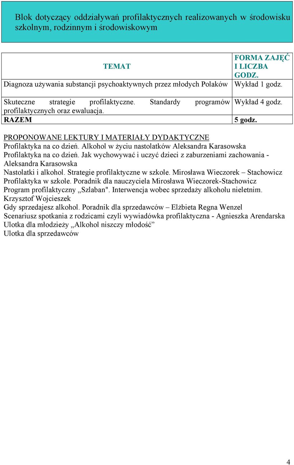 PROPONOWANE LEKTURY I MATERIAŁY DYDAKTYCZNE Profilaktyka na co dzień. Alkohol w życiu nastolatków Aleksandra Karasowska Profilaktyka na co dzień.