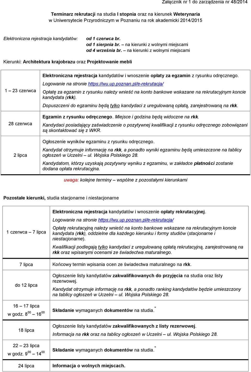 na kierunki z wolnymi miejscami Kierunki: Architektura krajobrazu oraz Projektowanie mebli 1 23 czerwca 28 czerwca 2 lipca Elektroniczna rejestracja kandydatów i wnoszenie opłaty za egzamin z rysunku