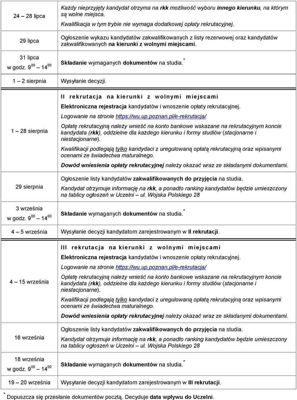 1 28 sierpnia 29 sierpnia II rekrutacja na kierunki z wolnymi miejscami Kwalifikacji podlegają tylko kandydaci z uregulowaną opłatą rekrutacyjną oraz wpisanymi ocenami ze świadectwa maturalnego.