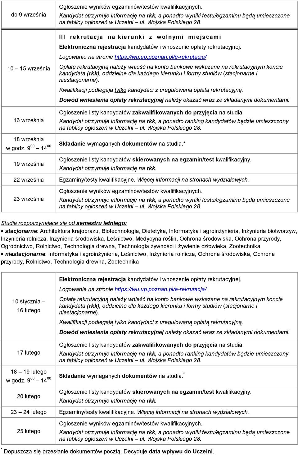 23 września Studia rozpoczynające się od semestru letniego: stacjonarne: Architektura krajobrazu, Biotechnologia, Dietetyka, Informatyka i agroinżynieria, Inżynieria biotworzyw, Inżynieria rolnicza,