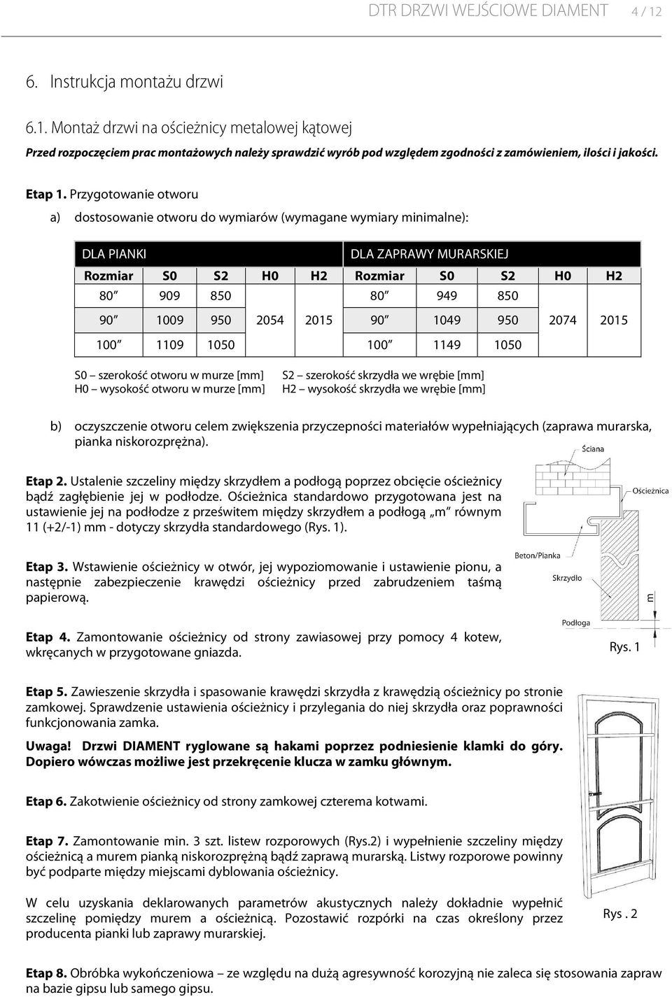 Przygotowanie otworu a) dostosowanie otworu do wymiarów (wymagane wymiary minimalne): DLA PIANKI DLA ZAPRAWY MURARSKIEJ Rozmiar S0 S2 H0 H2 Rozmiar S0 S2 H0 H2 80 909 850 80 949 850 90 1009 950 2054