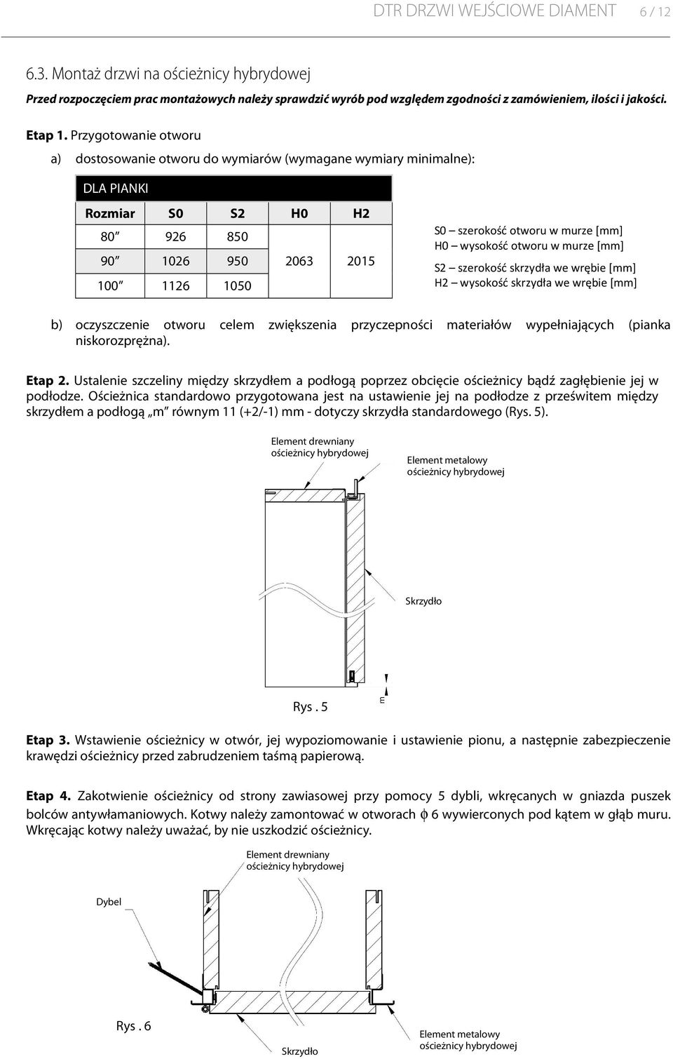 wysokość otworu w murze [mm] S2 szerokość skrzydła we wrębie [mm] H2 wysokość skrzydła we wrębie [mm] b) oczyszczenie otworu celem zwiększenia przyczepności materiałów wypełniających (pianka